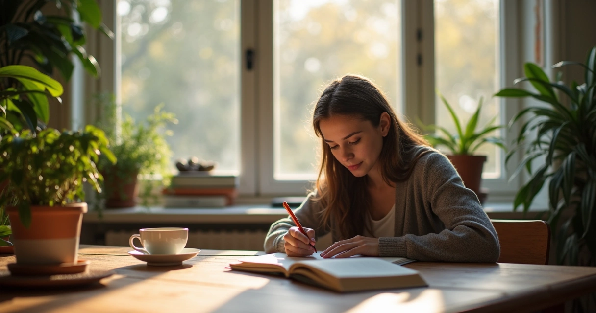 Person writing in journal by window with plants and books