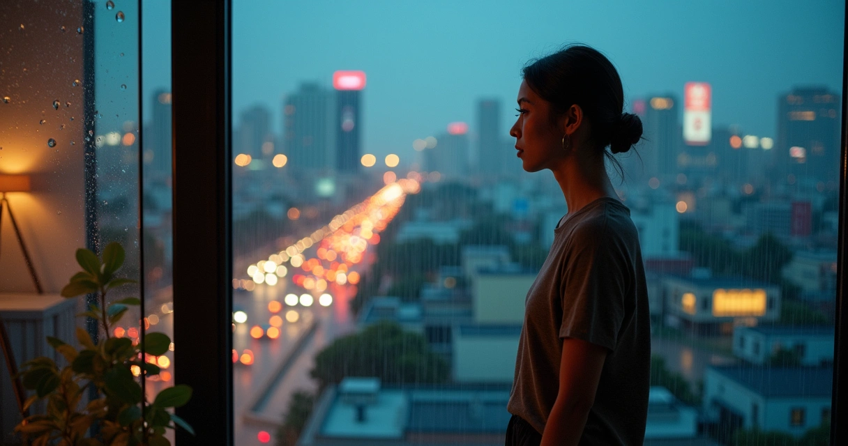 Person looking through city window while their reflection shows a different environment 