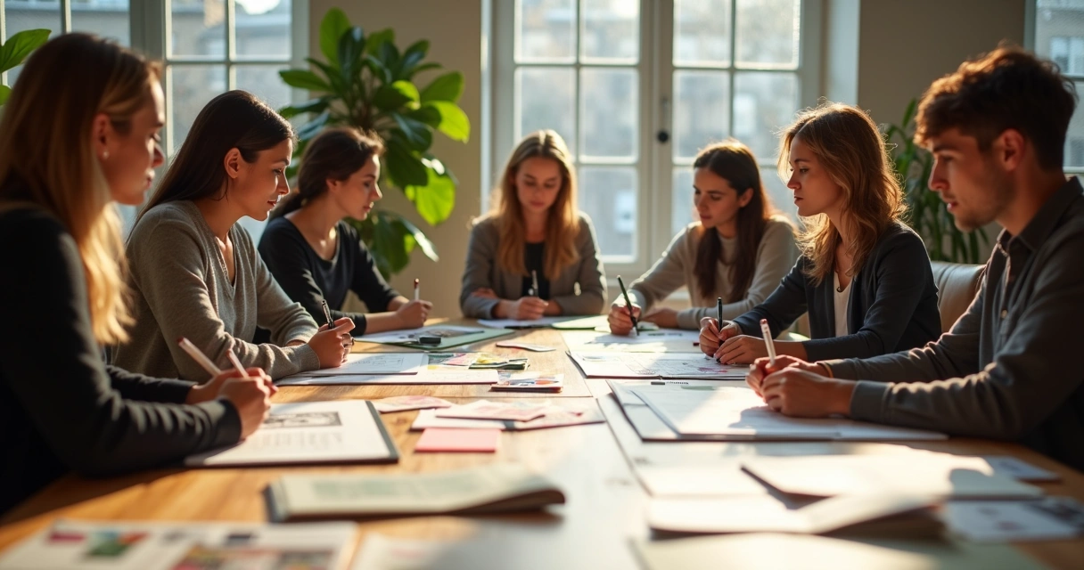 Employees in a reflective art workshop around a table 