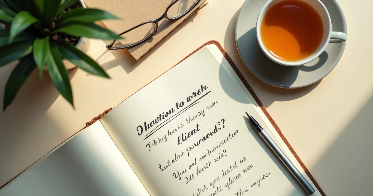Notebook with client reflection questions on a desk