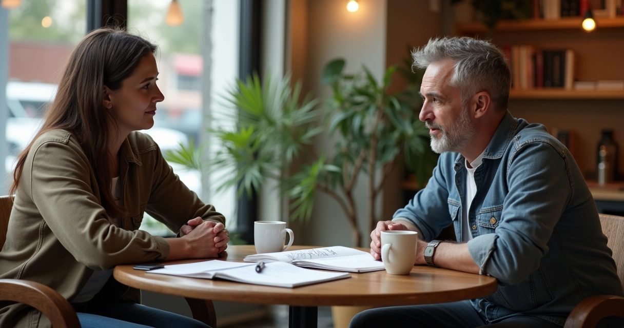 Two people in calm conversation at a cafe table with notebooks between them 