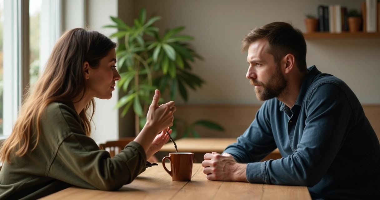 Two people in deep reflective conversation at a quiet table 