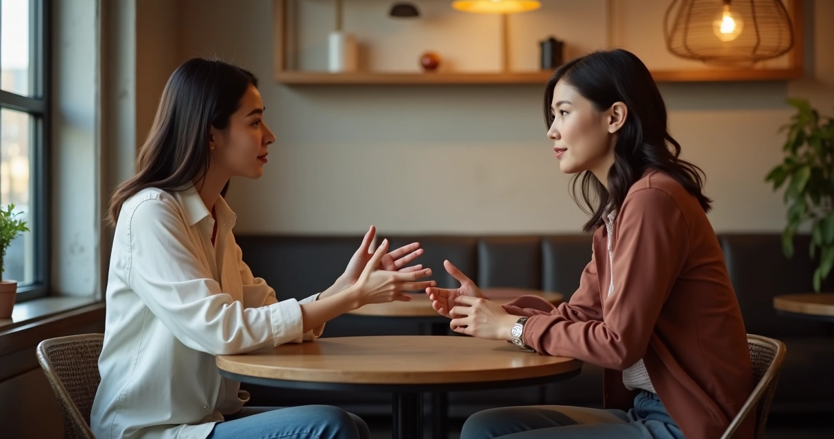 Two people sitting at a café, one attentively listening, the other talking with expressive hands. 