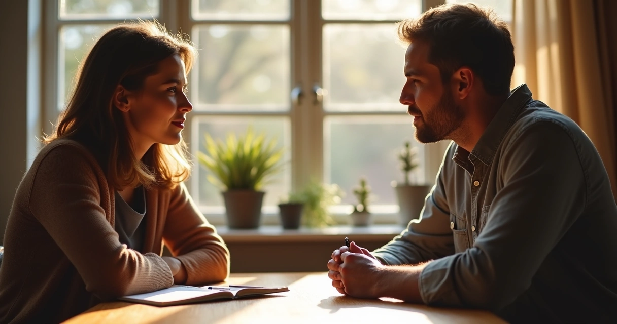 Two people in deep discussion at a table exploring ideas