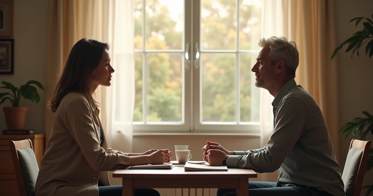 Two adults in calm conversation near a window with reflective mood