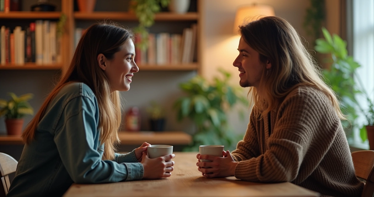 Two people sitting across a table, engaged in a thoughtful discussion in a cozy environment. 