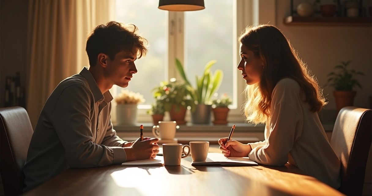 Two people sitting at a kitchen table, journals in hand, writing thoughtfully 