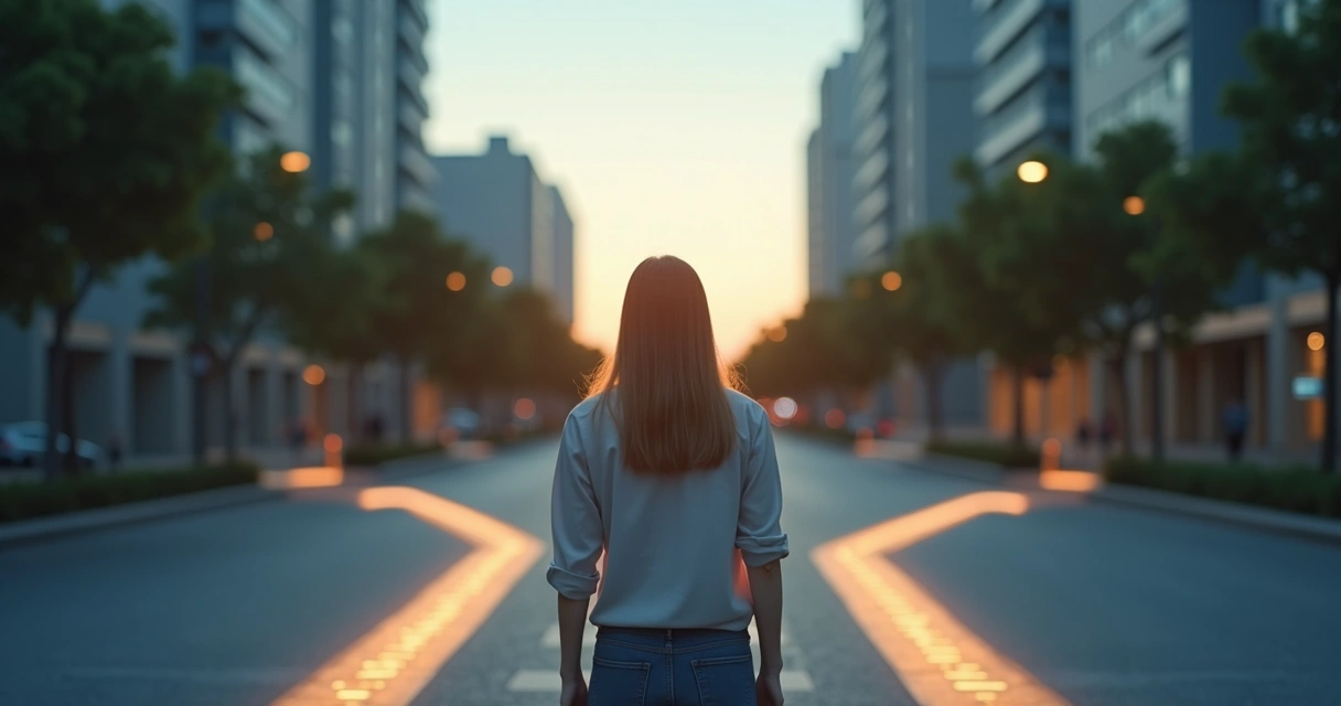 Person at a crossroads surrounded by overlapping thought patterns 