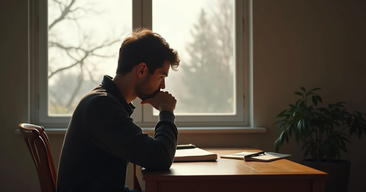 A person quietly reflecting at a table with a notebook 