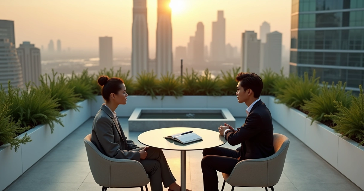 Two professionals in a rooftop garden talking across a glass table at sunrise 