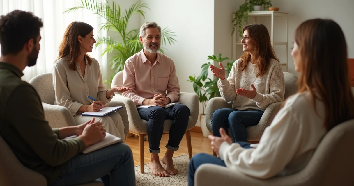 People engaged in a group reflective dialogue session in a tranquil indoor setting 