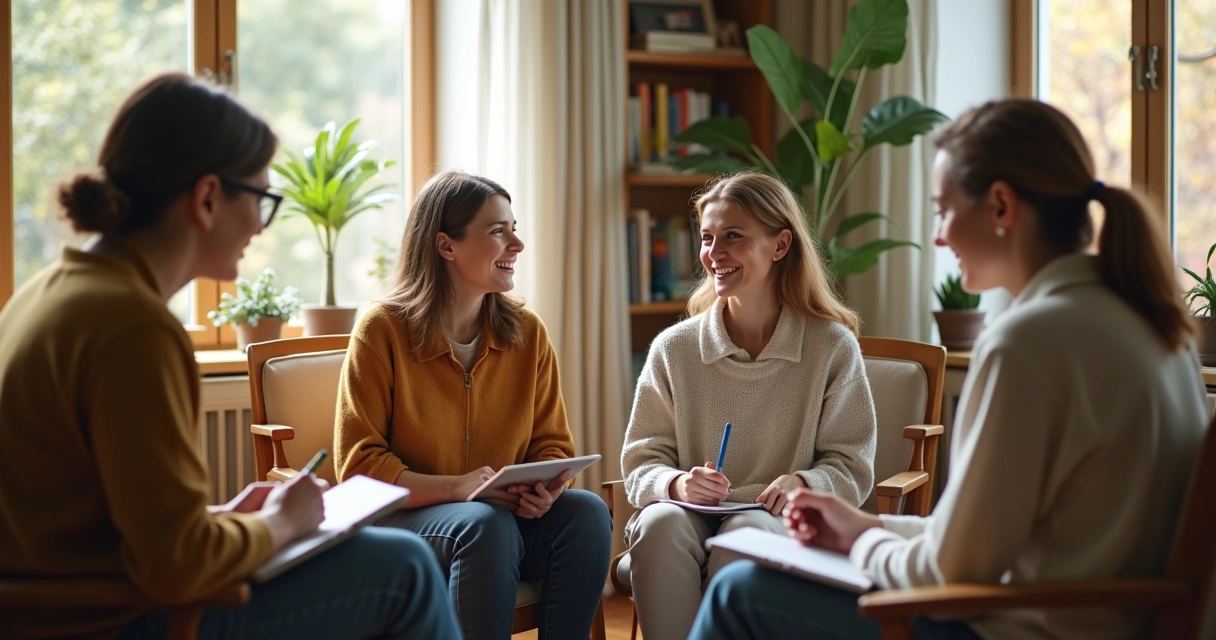 Four people seated in a circle having a thoughtful conversation 