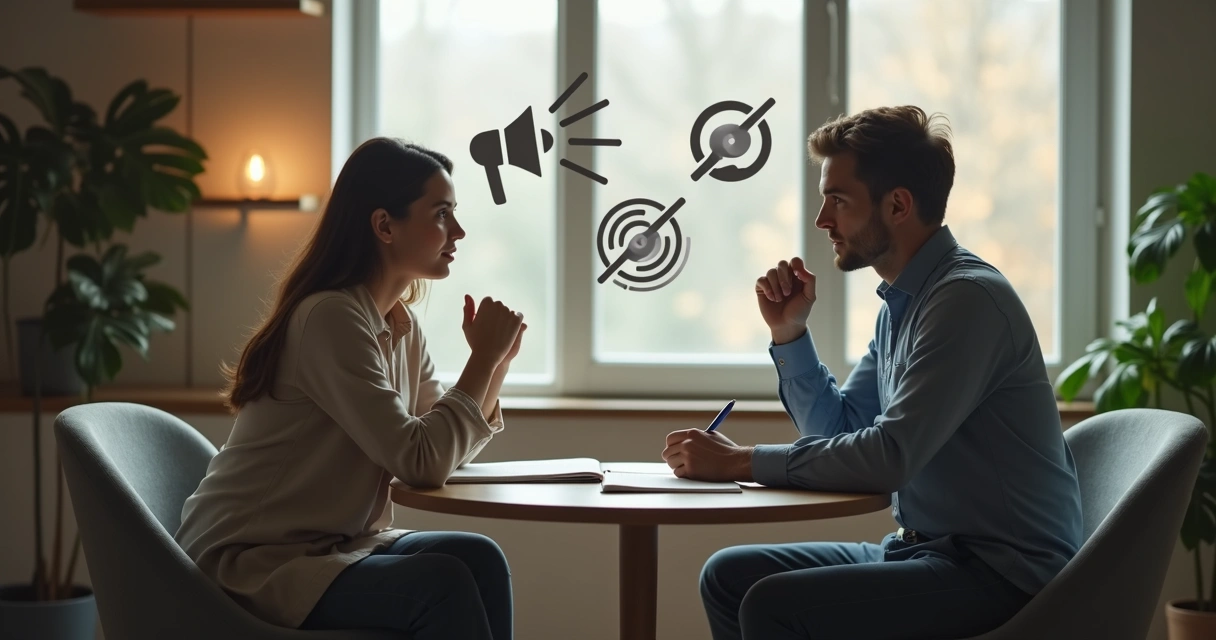 Two people in a reflective conversation with thought bubbles showing crossed-out common mistakes 