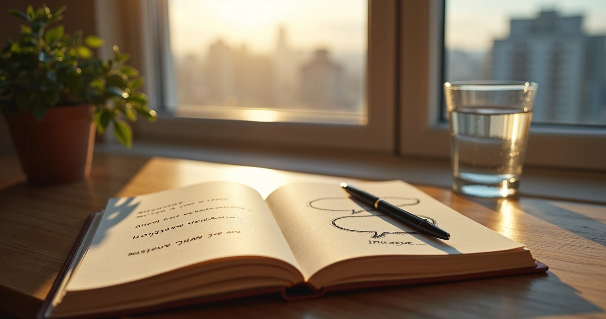 Open notebook with two speech bubbles sketched beside a calm window view 