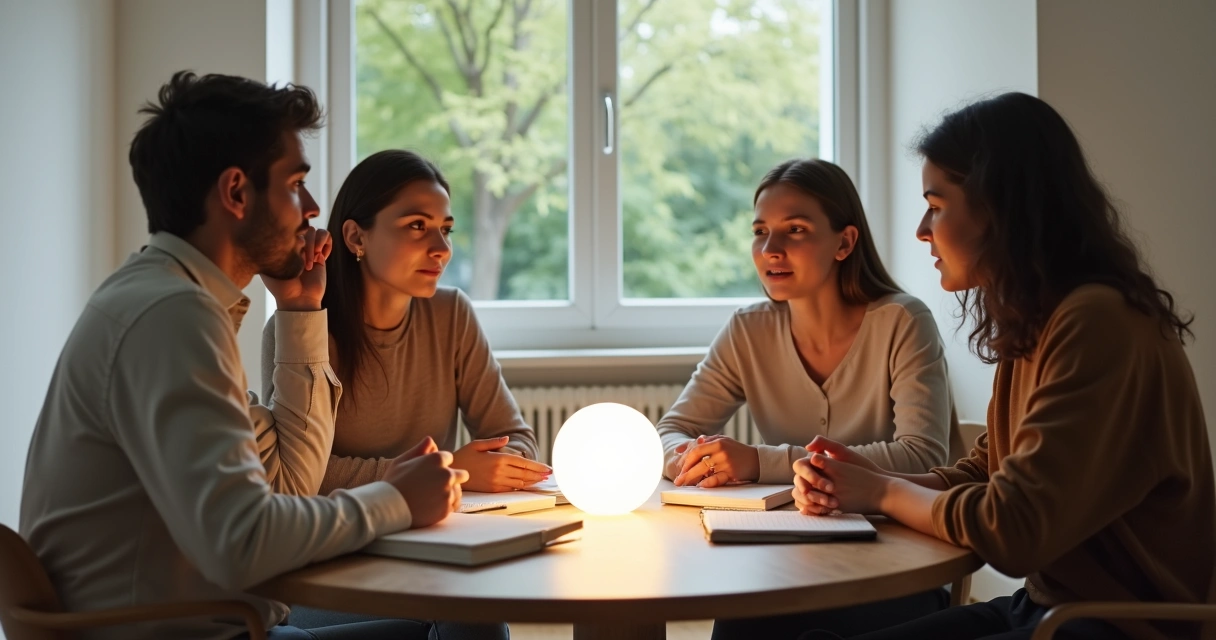 Group in thoughtful roundtable dialogue with light between them 