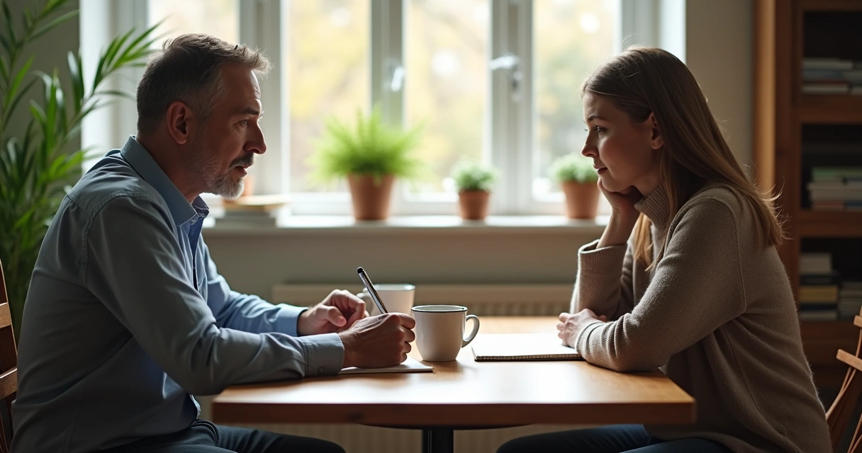 Two people sitting at a small table having a thoughtful conversation with notebooks and coffee cups
