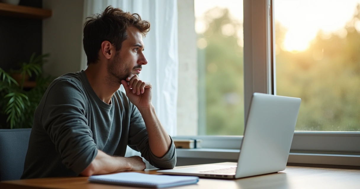 Individual reflecting after a feedback conversation sitting by a window 