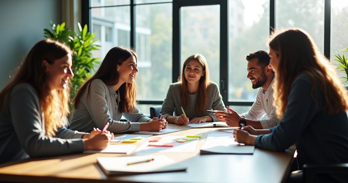 Team members sharing feedback in a bright, collaborative setting 