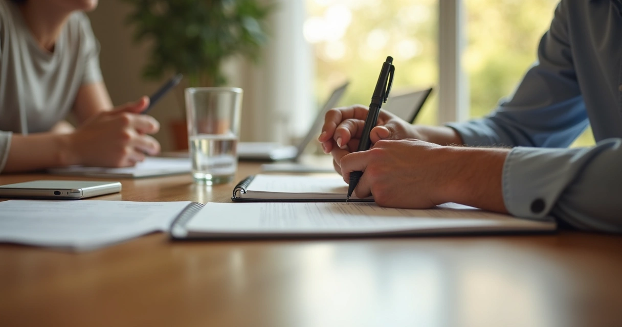 Person writing notes after a group discussion in a calm room
