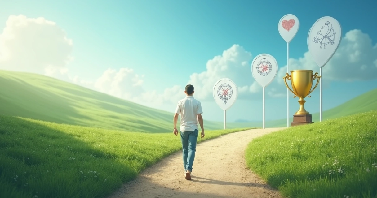 Individual reflecting on a path with milestones of personal and professional growth.