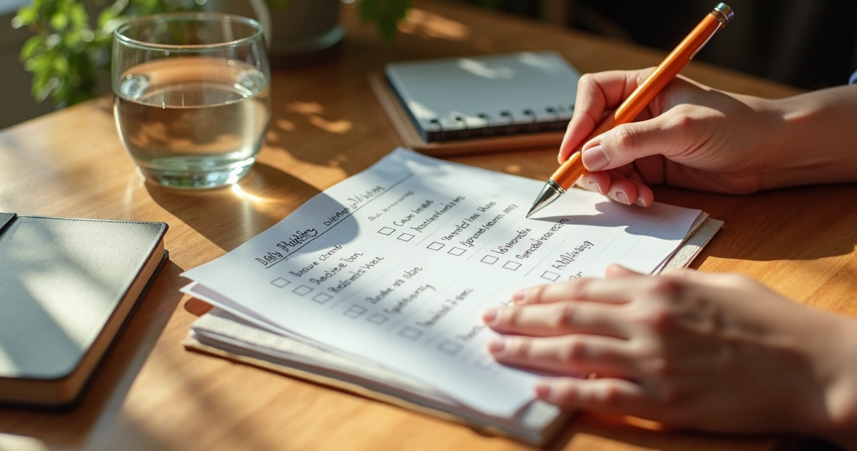 Person reviewing a handwritten habit checklist at a kitchen table 