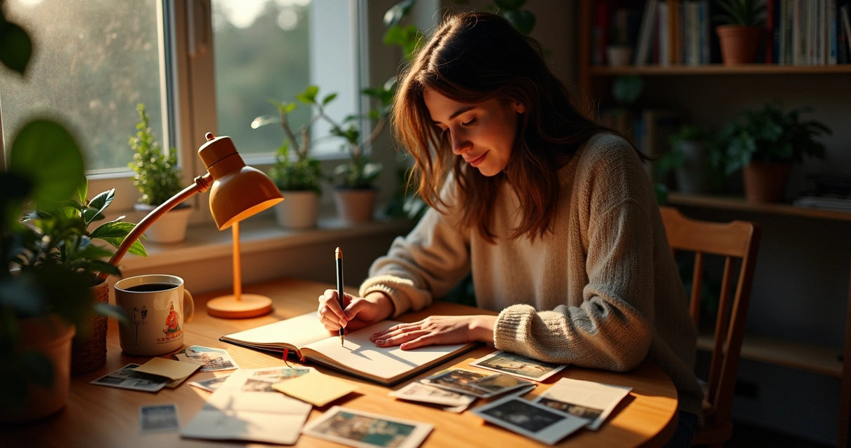 Person journaling memories in a cozy space 