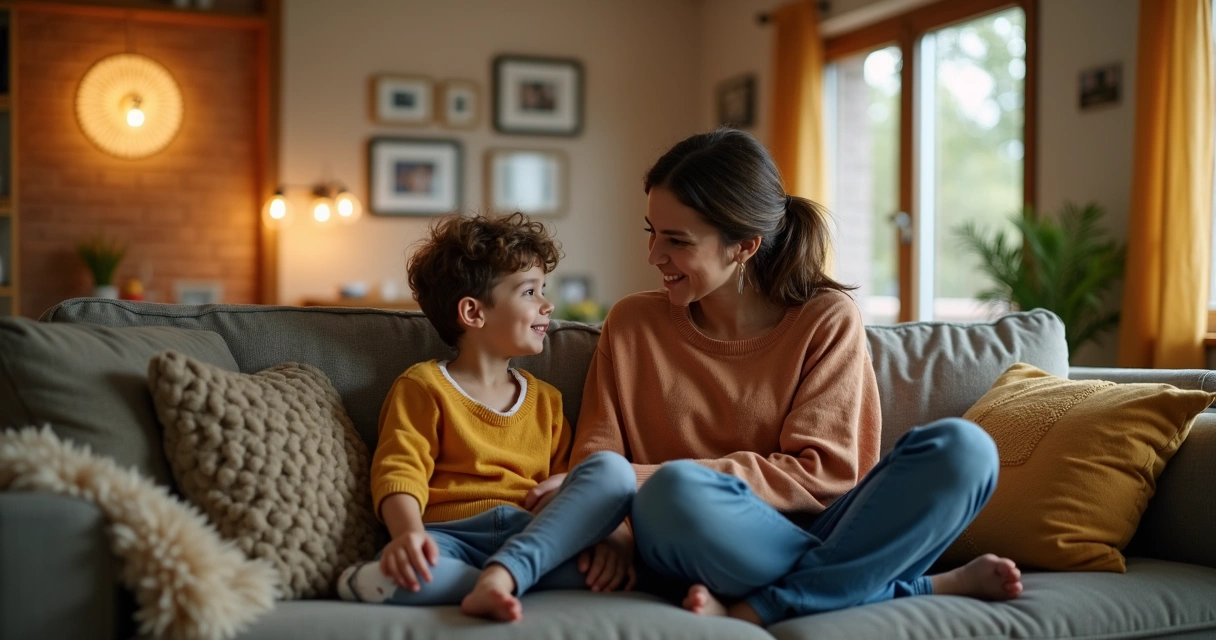 A parent and child sitting on a couch talking openly in a cozy living room 