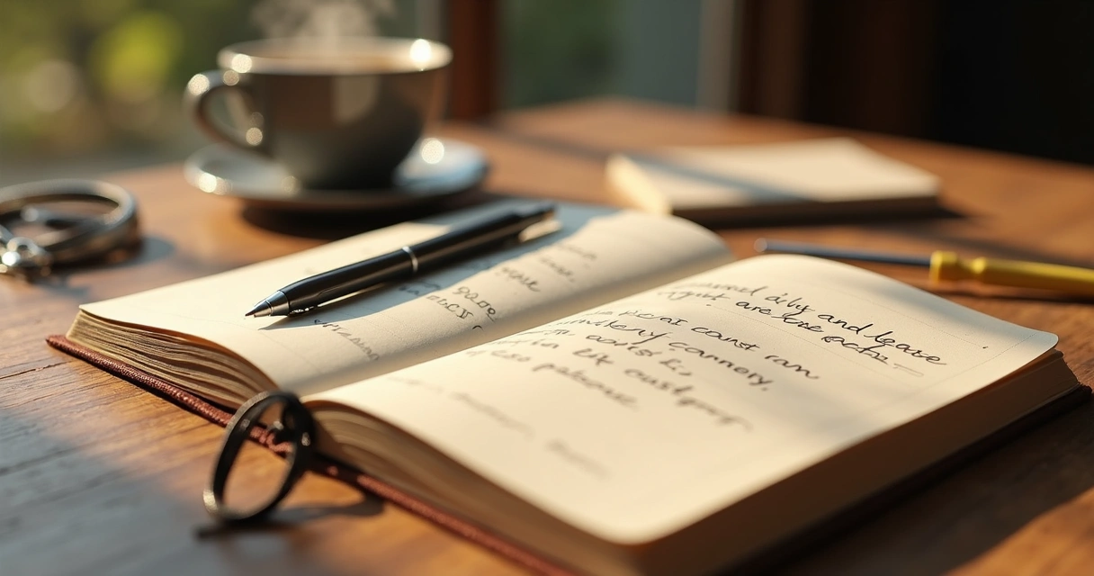 Open journal, pen beside, a coffee cup, peaceful morning light on desk 