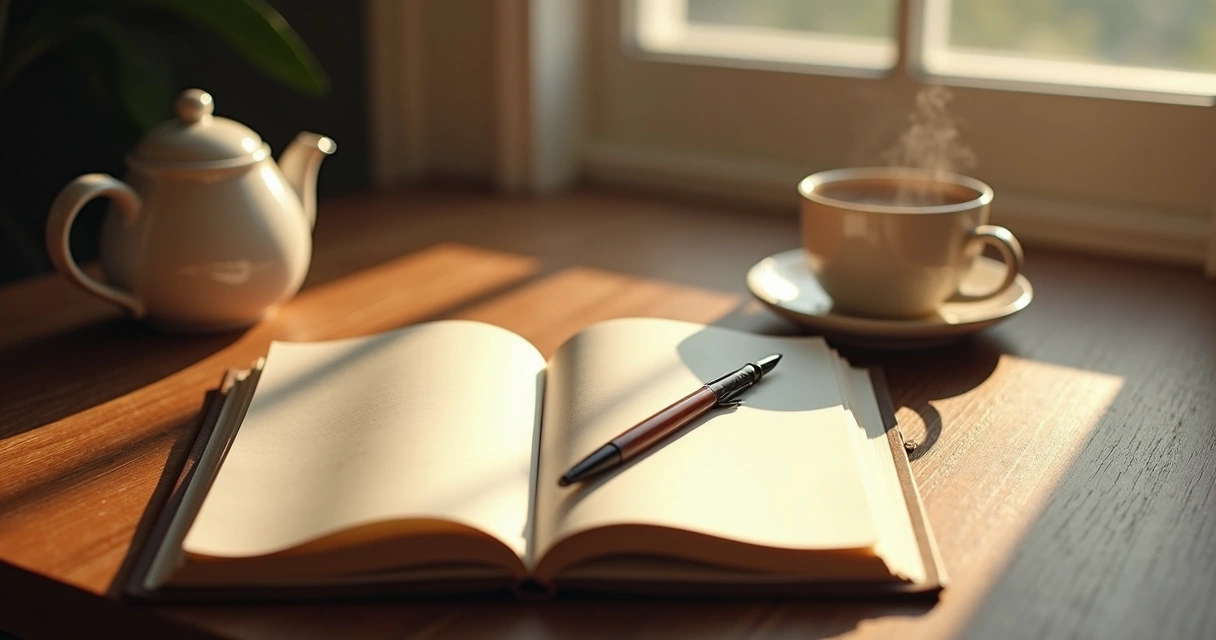 Open journal and pen on a tidy wooden desk