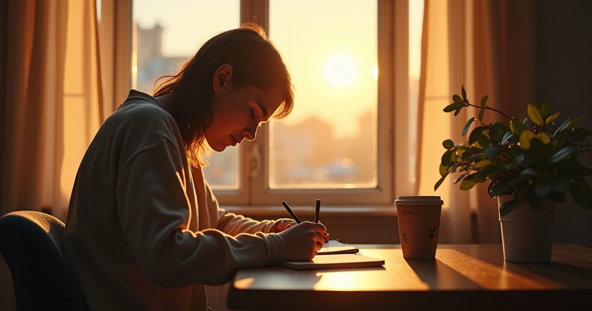 Person writing in a journal on a wooden table in the morning light 