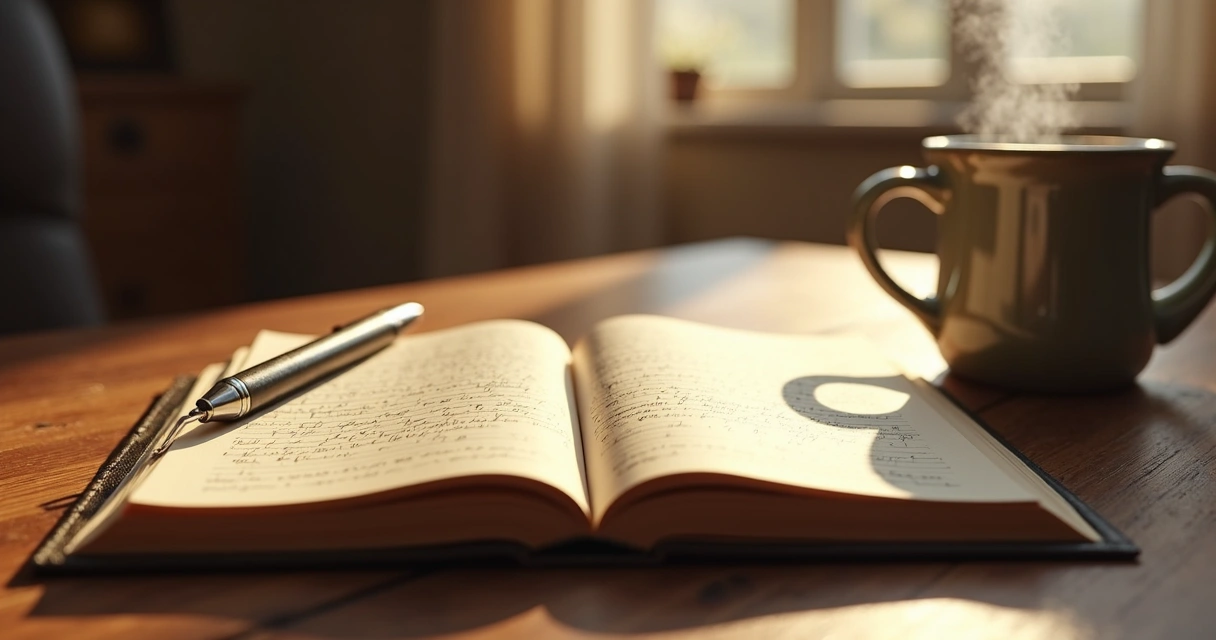 Journal and pen on a wooden desk ready for self-reflection