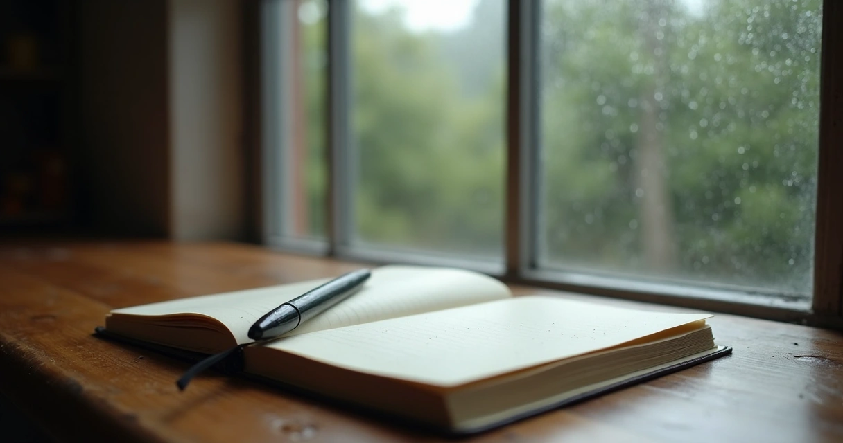 Notebook and pen near window on rainy day