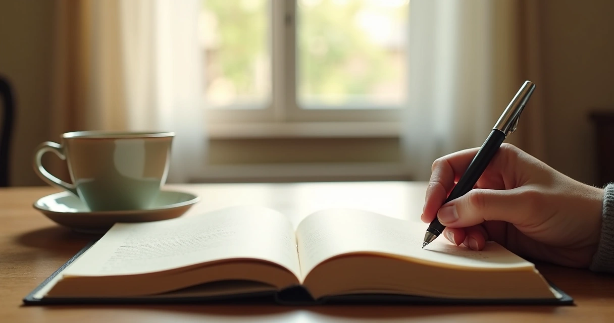Open journal beside a window and tea cup 