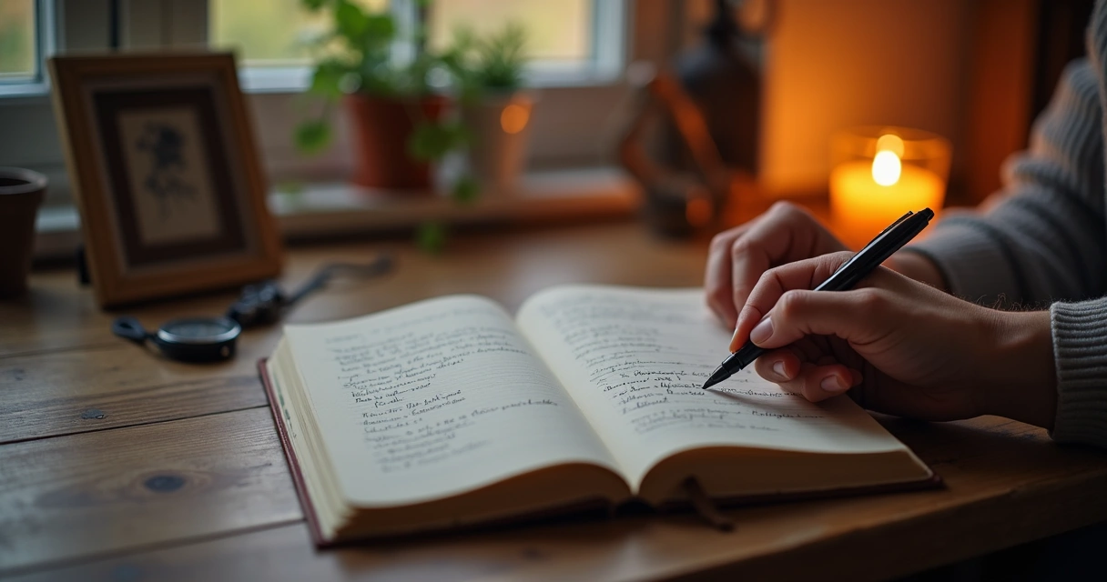 Person journaling values by candlelight 