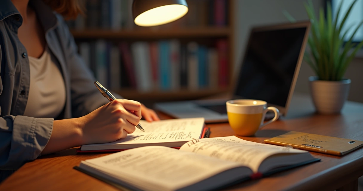 Person writing in a reflective journal on a wooden desk 