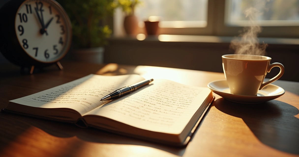 Open notebook on a desk next to a cup of tea and pen, sunlight coming in