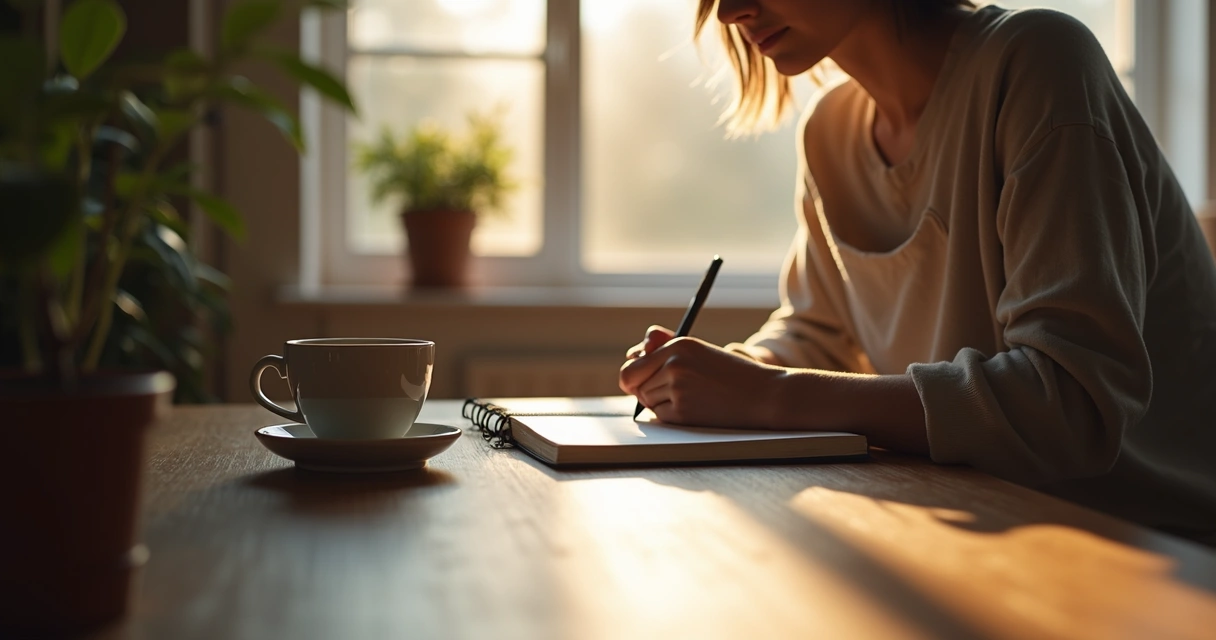 Person writing in a journal at a desk, morning light, calm atmosphere 