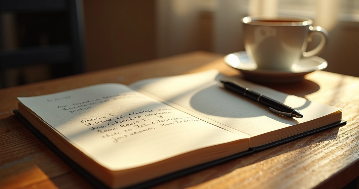 Notebook and pen on wooden desk with soft natural light 