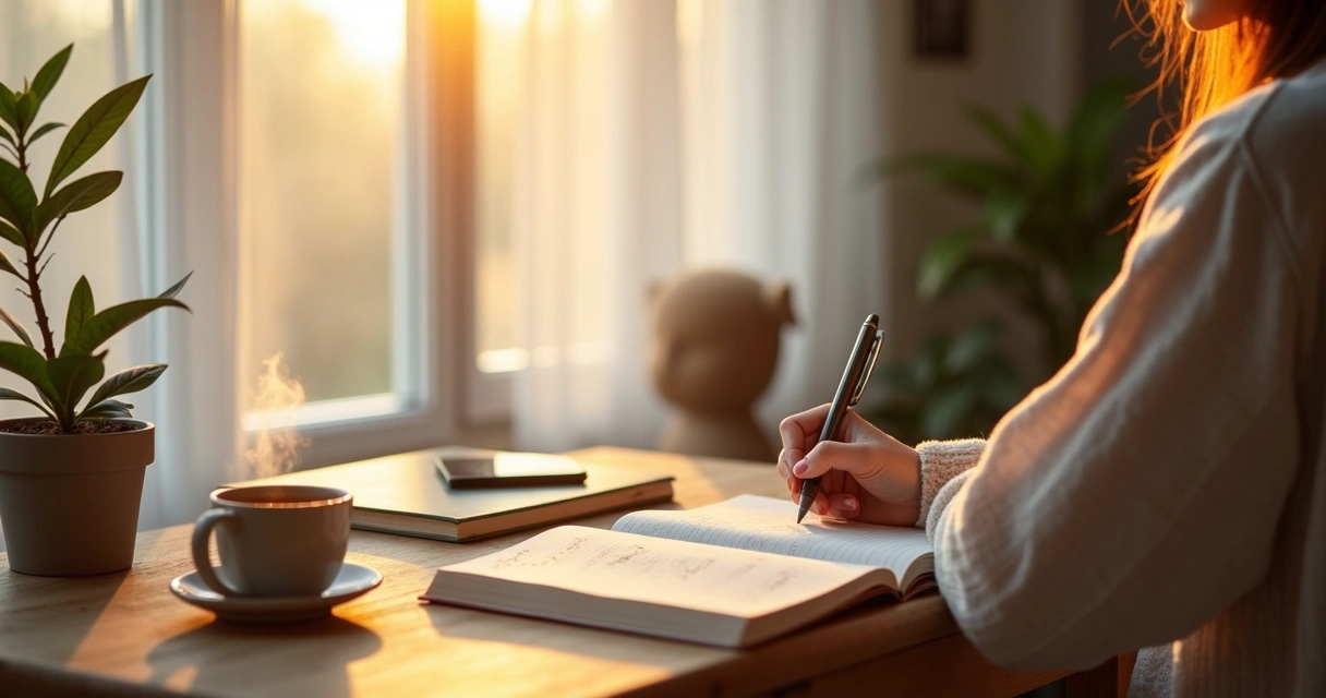 Person journaling at a desk with calming light and mindful atmosphere 