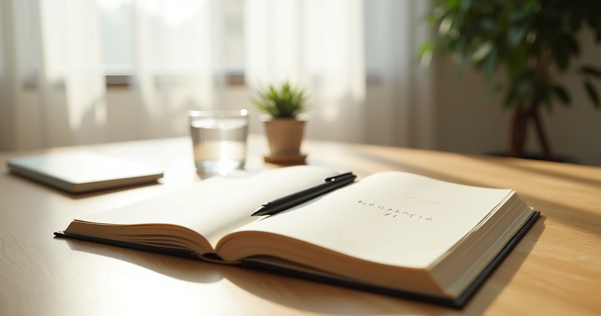 Open journal on minimalist desk with soft morning light 