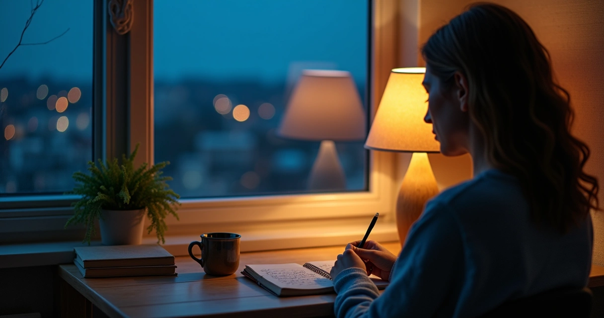Person journaling at night by a window overlooking a quiet cityscape 