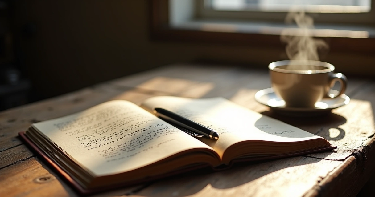 Open journal on table with pen and soft lighting