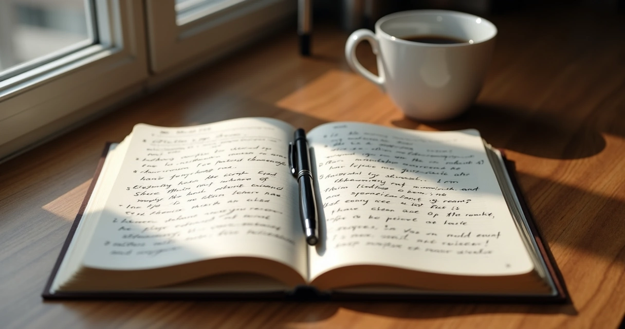 Open journal with handwritten reflections and pen beside a coffee cup