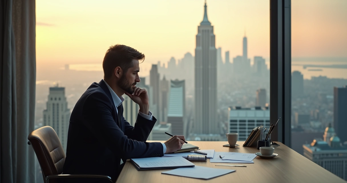 Business leader reflecting at desk in a modern office