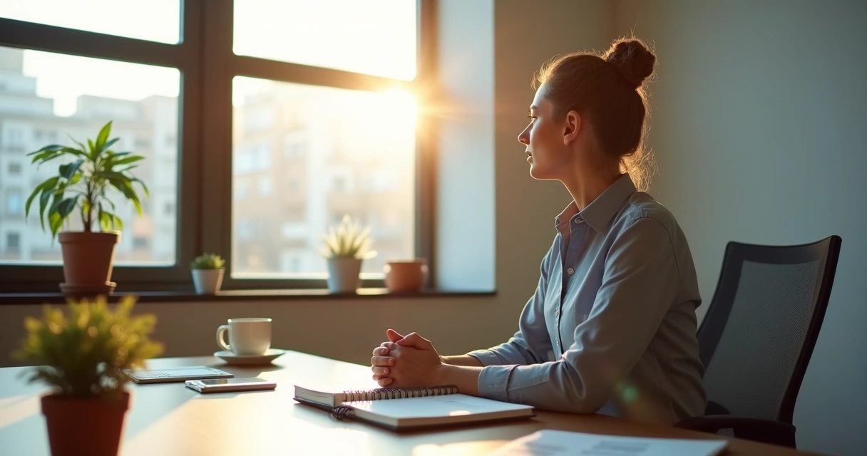 Leader reflecting at a desk in a bright office 