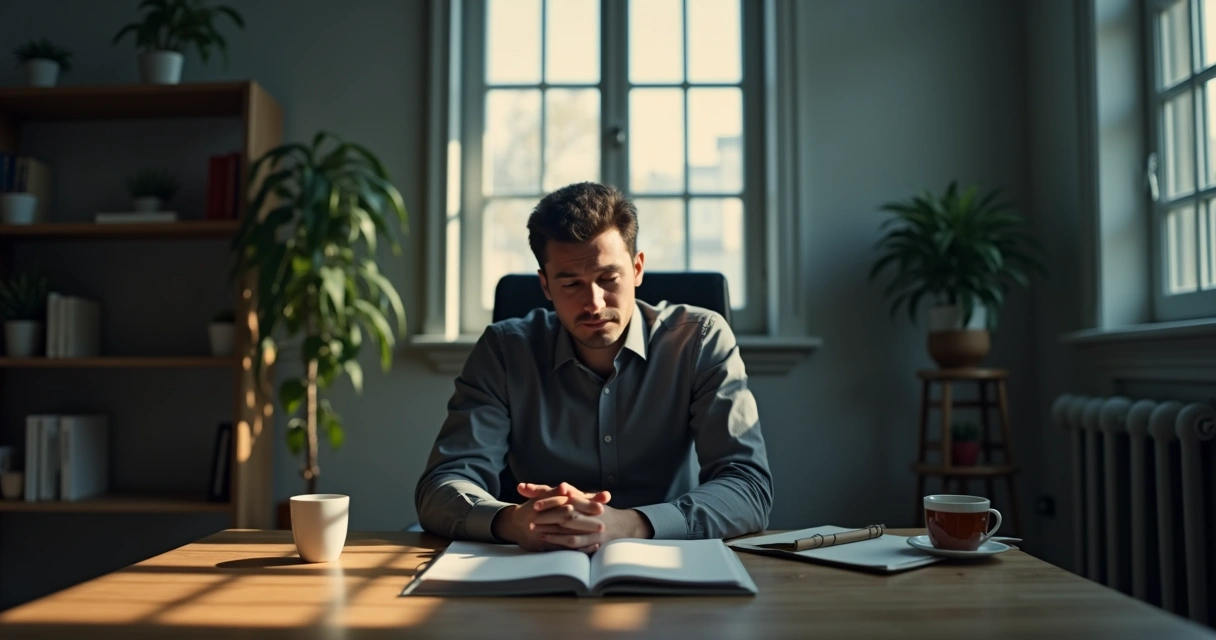 A leader sitting alone in a dimly lit room, appearing deep in thought.