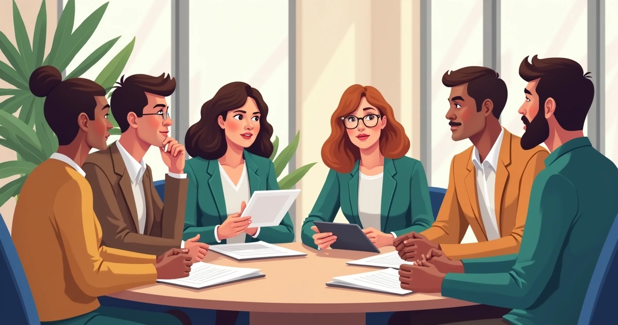 Group sitting together discussing ethical choices, organization setting. 