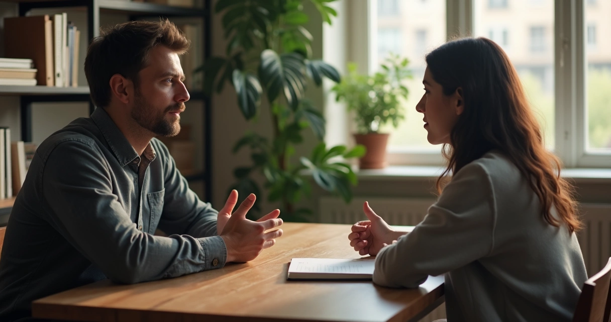 Two people in a calm listening conversation at a table 