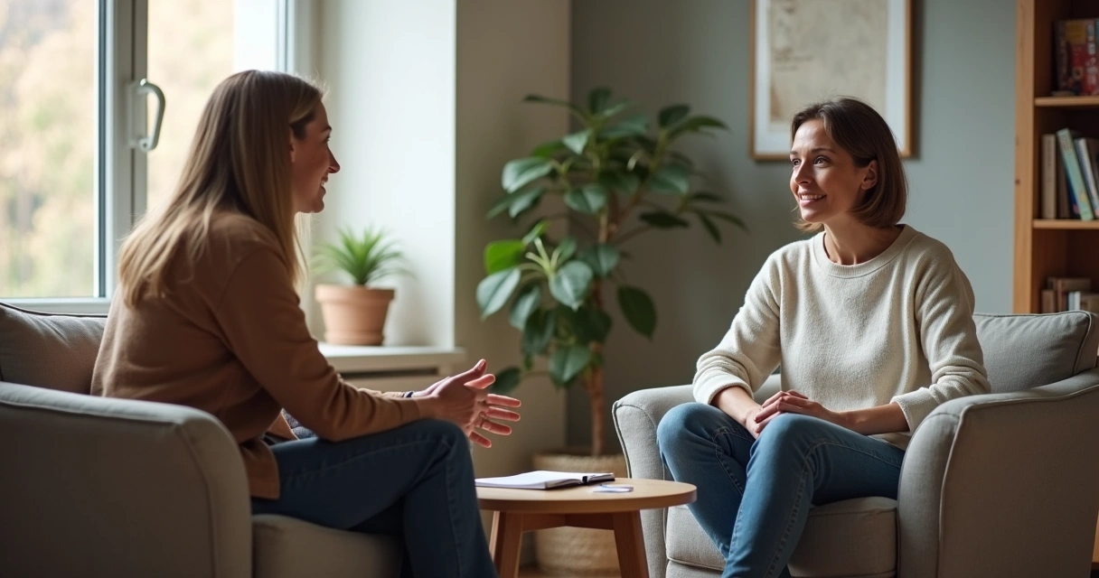 Two people sitting face to face practicing attentive listening 