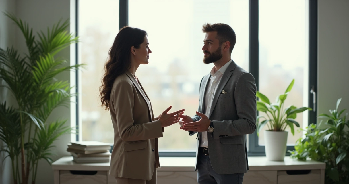 Two colleagues in discussion, one repeating back key words during a conversation 
